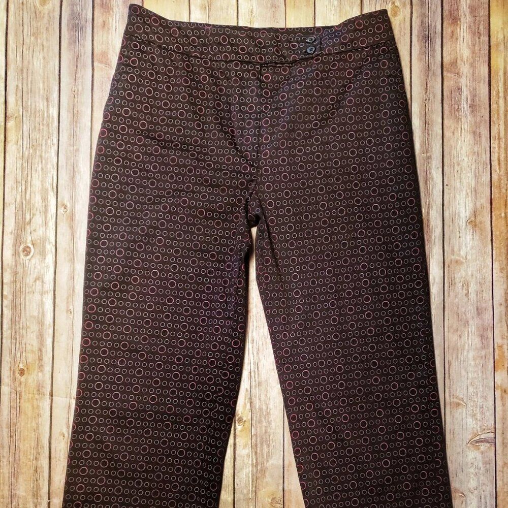 Herman Geist Brown & Pink Retro Circles Print Capri Pants Size 12 NWOT